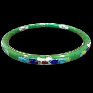 Vintage Cloisonne Enamel Bangle Bracelet Chinese Import Green Blue Floral